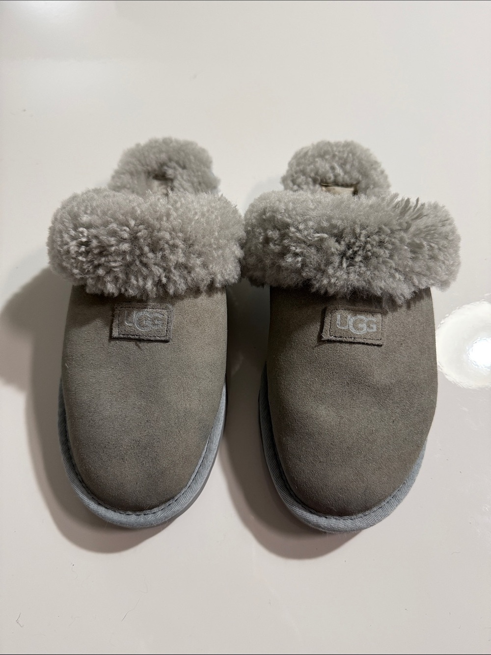 UGG Taupe Suede Shearling Cuff Slip-On Slippers Sz 7